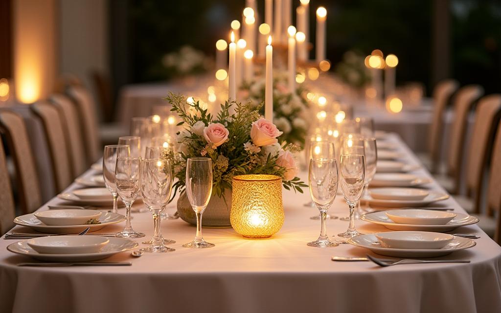 Tavolo da banchetto elegantemente allestito per un catering di matrimonio.