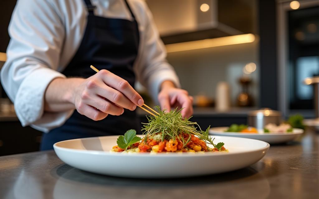 Chef che finalizza un piatto in una cucina domestica di lusso.