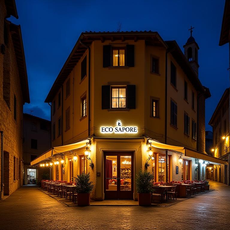 Esterno del ristorante Eco Sapore illuminato di notte a Siena.
