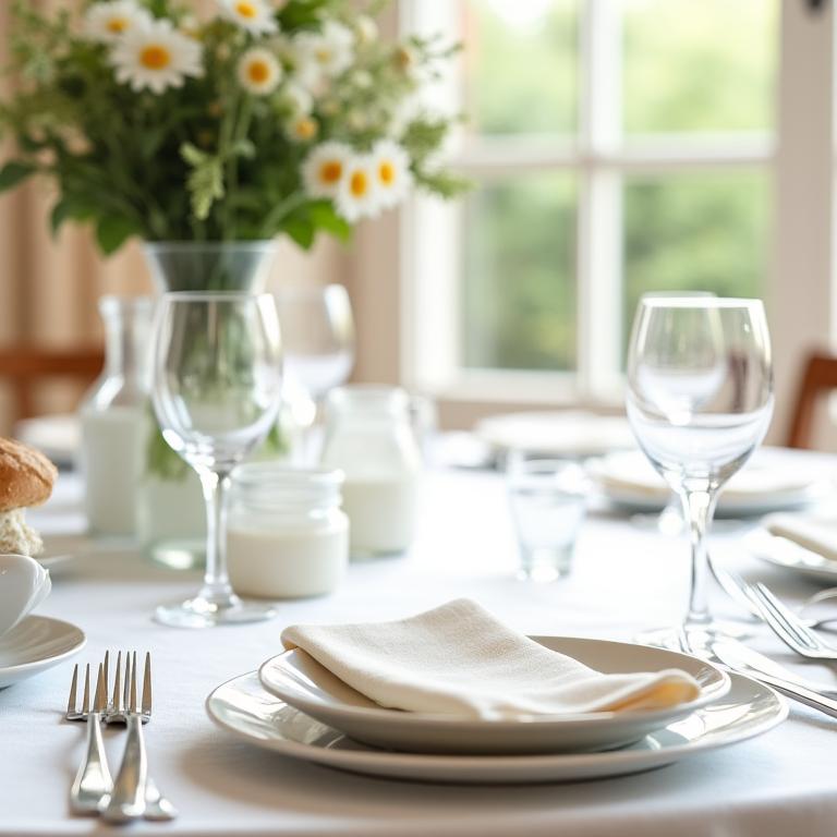 Tavola elegantemente apparecchiata per il pranzo, con luce naturale.