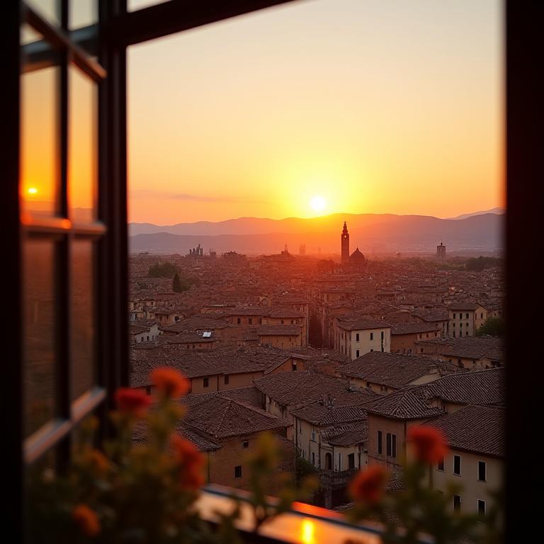 Vista dalle finestre del ristorante sui tetti di Siena al tramonto.
